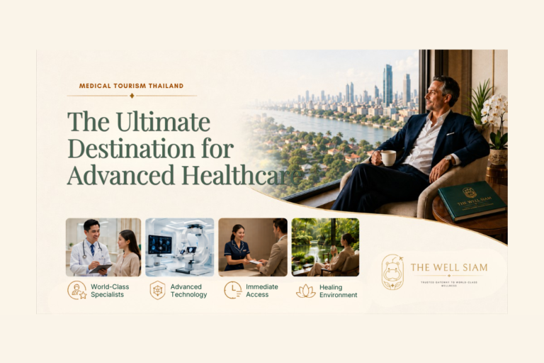 Infographic detailing why Thailand is the ultimate destination for medical tourism, highlighting global clinical standards, immediate priority access, and luxury healing environments coordinated by The Well Siam.